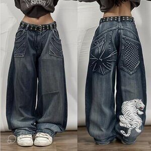 Unisex Y2K Hip Hop Street Jeans with Skeleton Print, Gothic Baggy Jeans, Vintage
